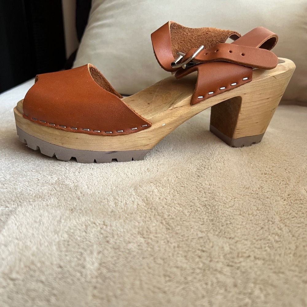 MIA Anja Women 7.5-8 EU 38 Tan Leather Clog Sandals Wooden Platform Ankle Strap - Picture 2 of 16